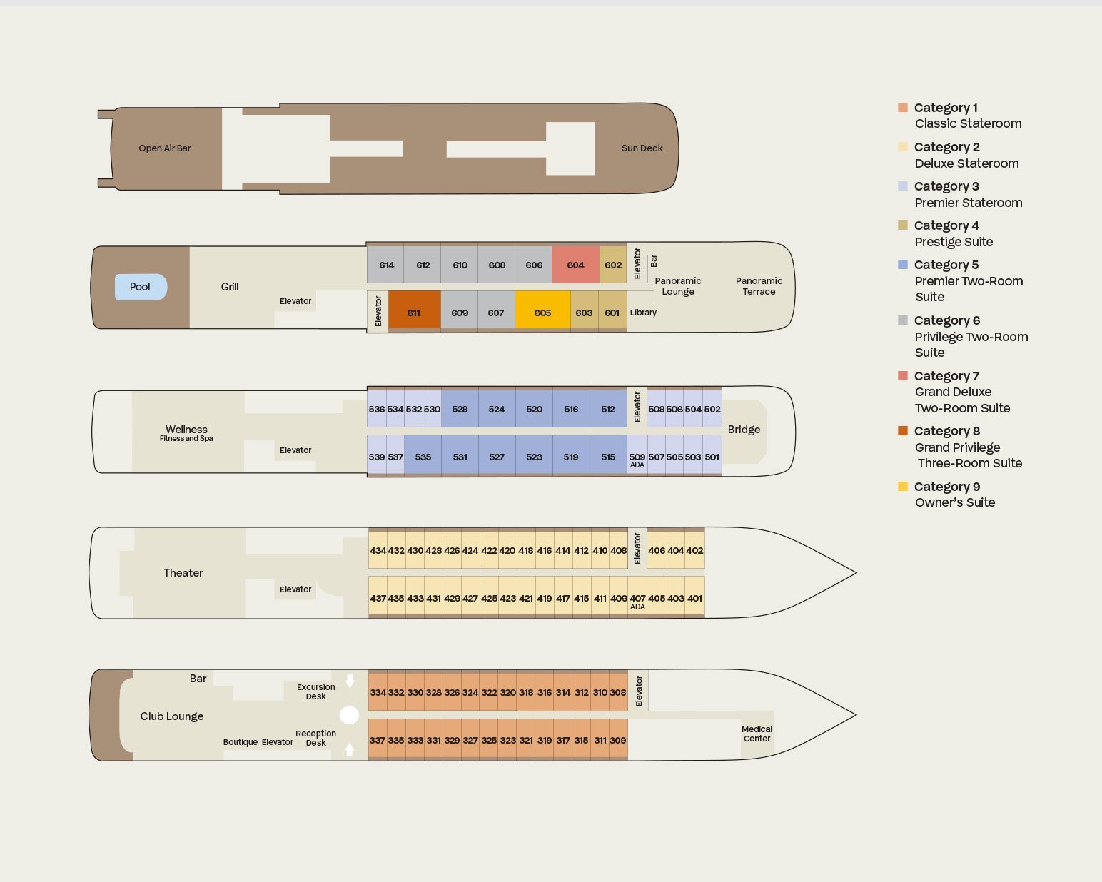 Official ship deck plan layout for Abercrombie & Kent chartered luxury expedition vessels