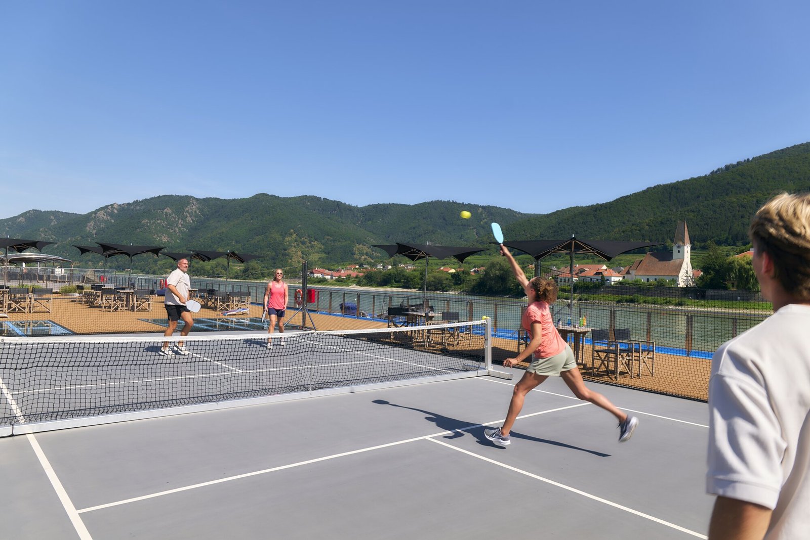 The double-width AmaMagna sailing the Danube River featuring pickleball court and luxury veranda suites