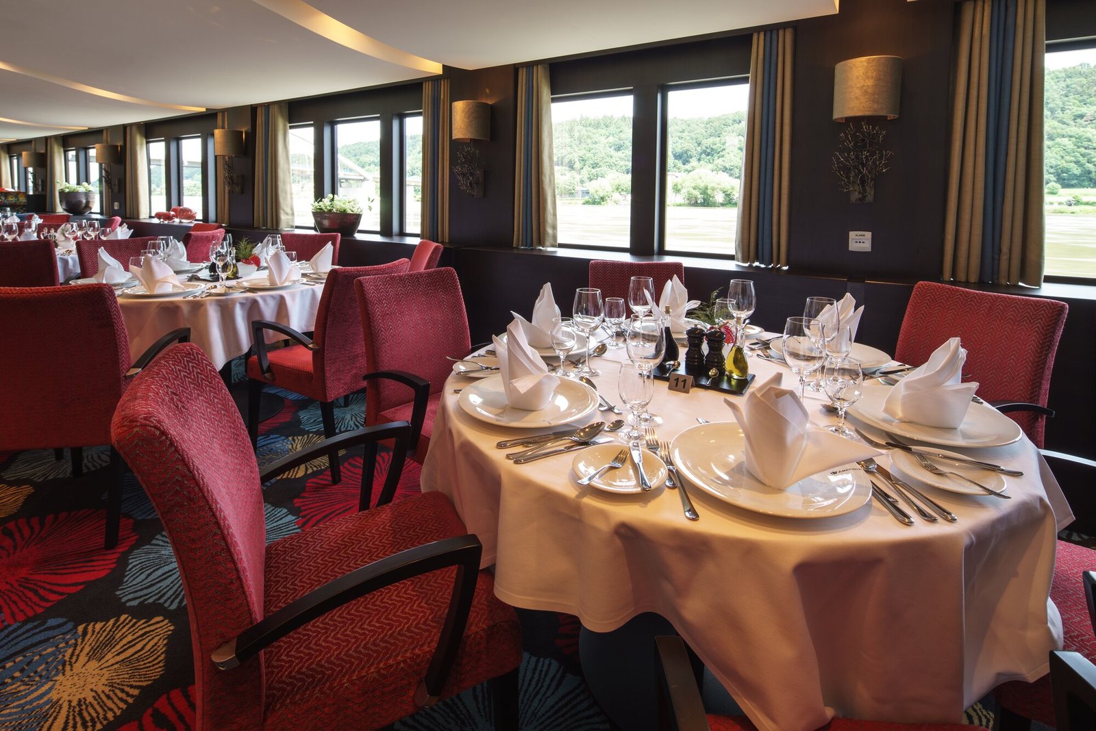 Elegant Main Restaurant dining room aboard AmaWaterways luxury river cruise ship