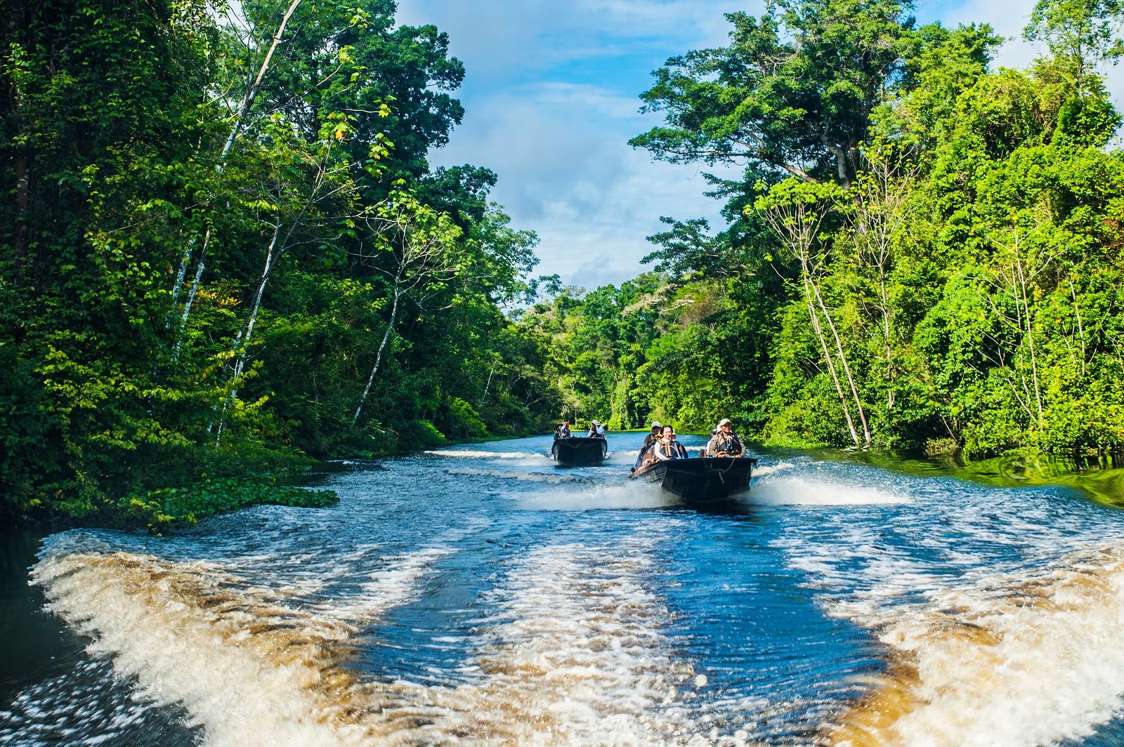 Custom motorized aluminum safari skiff navigating deep into the Pacaya Samiria National Reserve