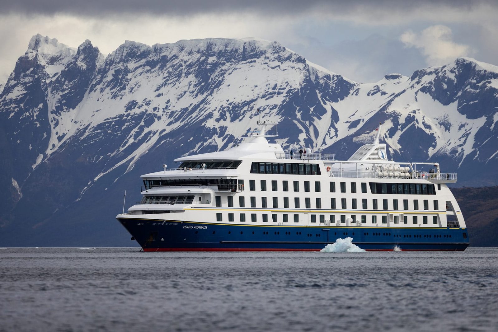 Australis Cruises expedition vessel Ventus Australis navigating the glacial fjords of Tierra del Fuego