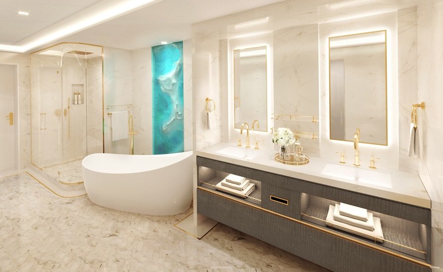 Disney Wish Tower Suite luxury master bath with marble double vanity and deep soaking tub
