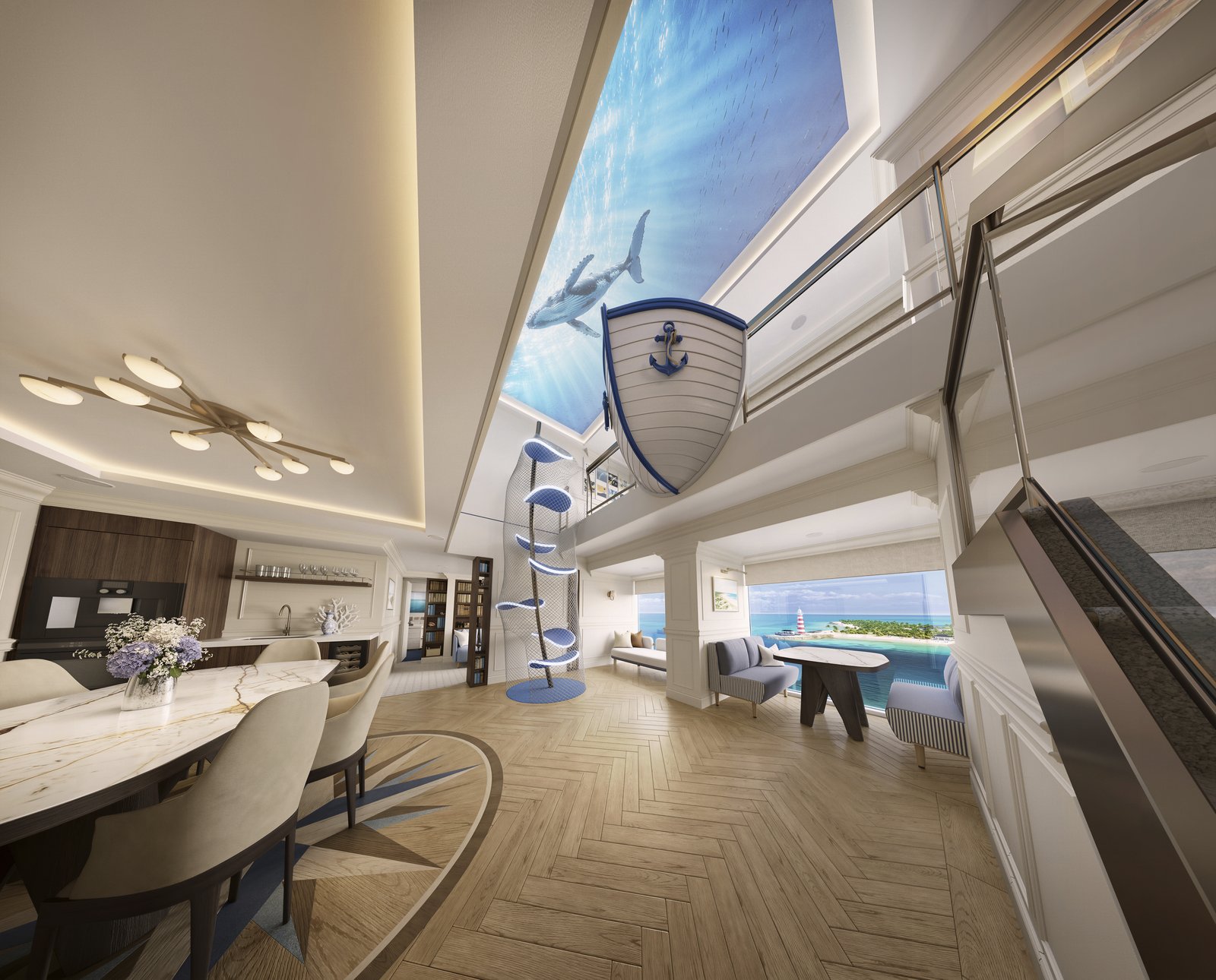MSC World Atlantic Grand Hamptons Villa two-story living room featuring transformative whale ceiling and kids climbing play tower