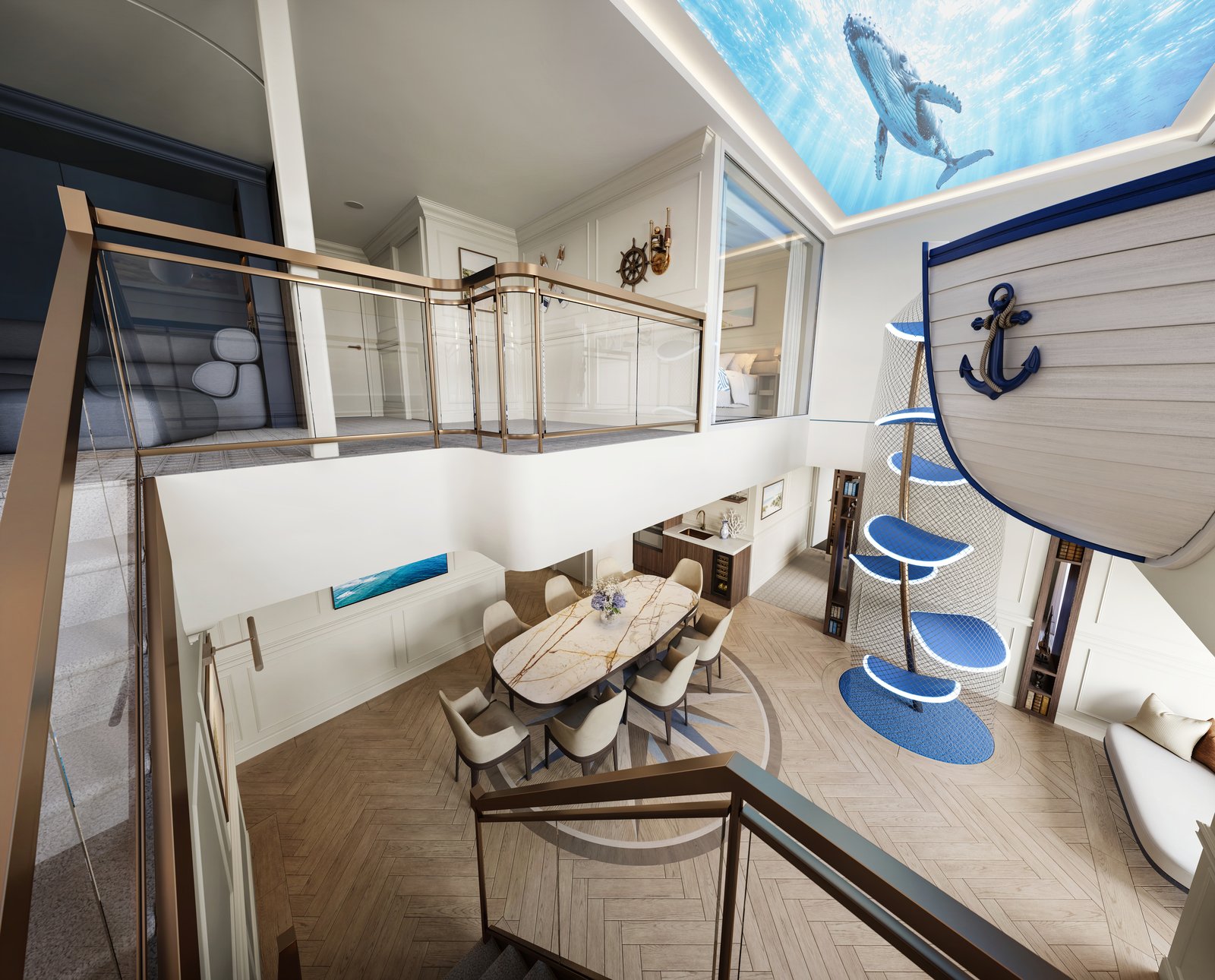 Overhead mezzanine view of the Grand Hamptons Villa dining salon and interactive play area on MSC World Atlantic