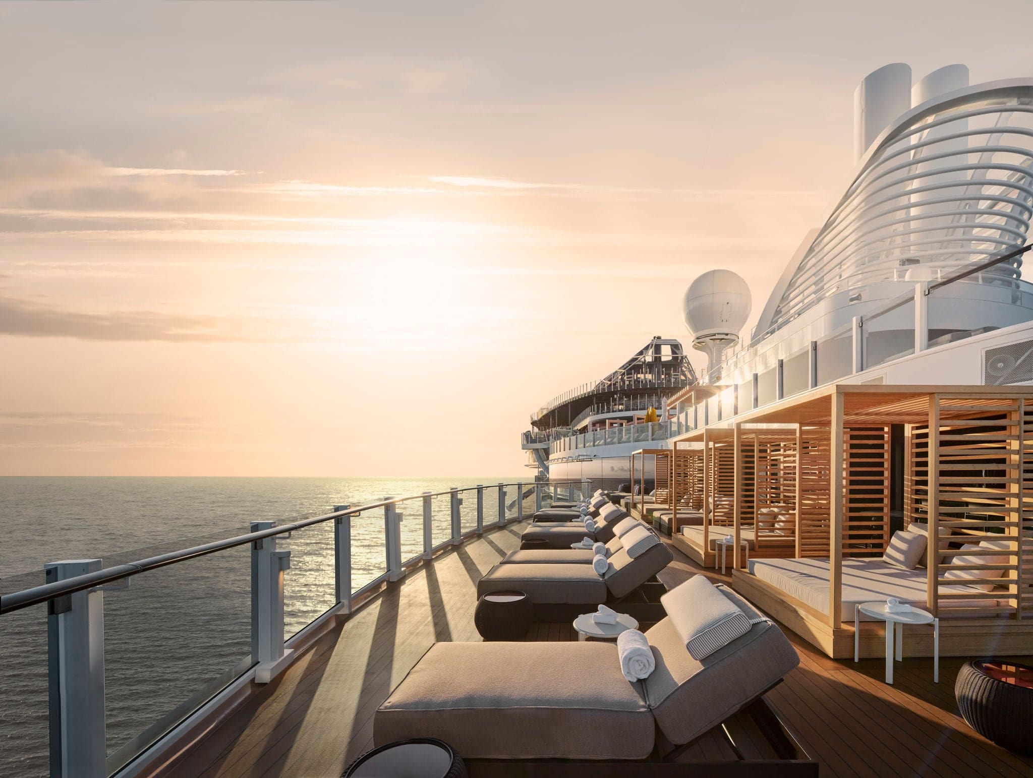 The Haven outdoor sundeck with private cabanas and hot tubs overlooking the sea