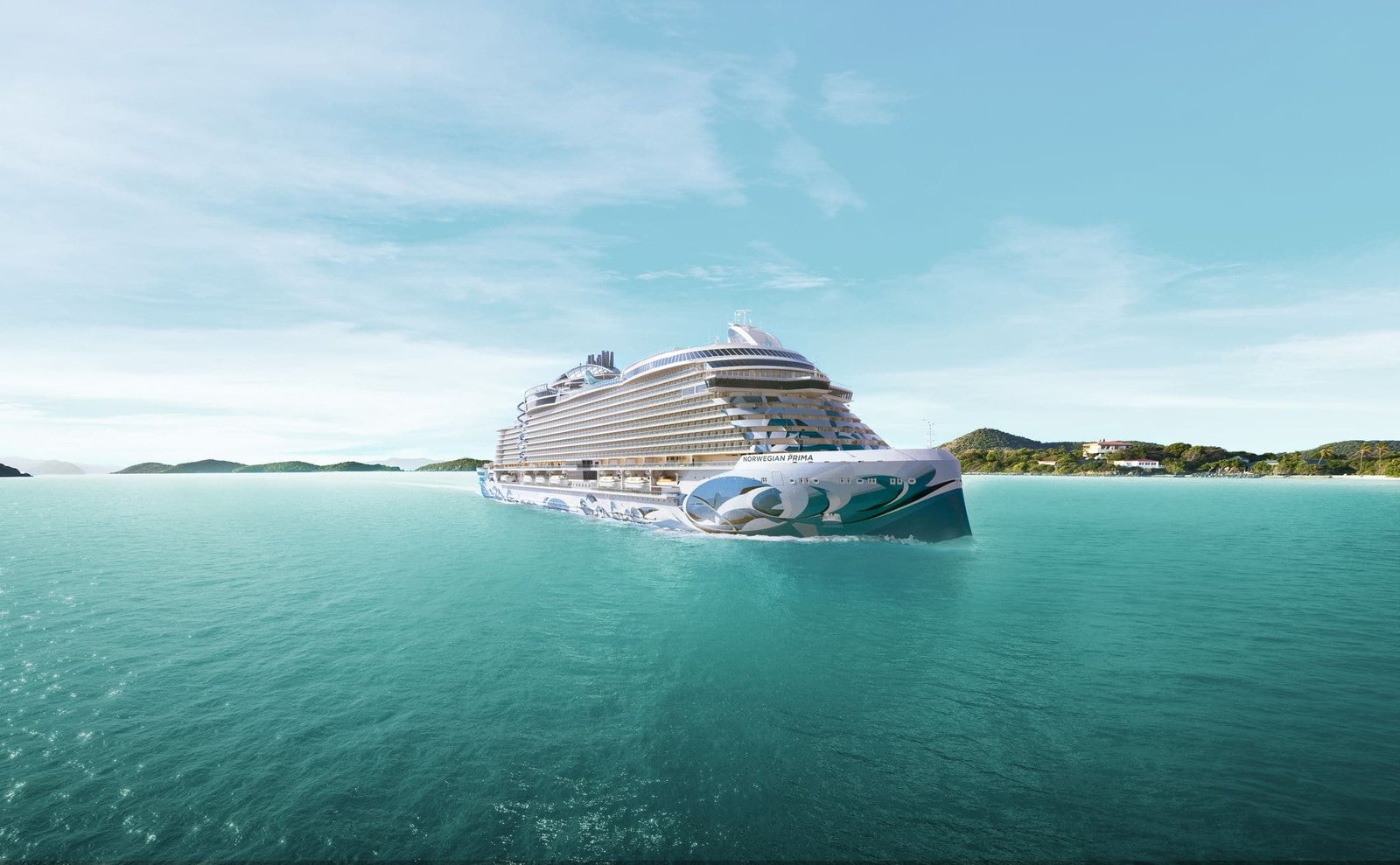 Norwegian Prima Class cruise ship cruising on open waters with aft Haven complex
