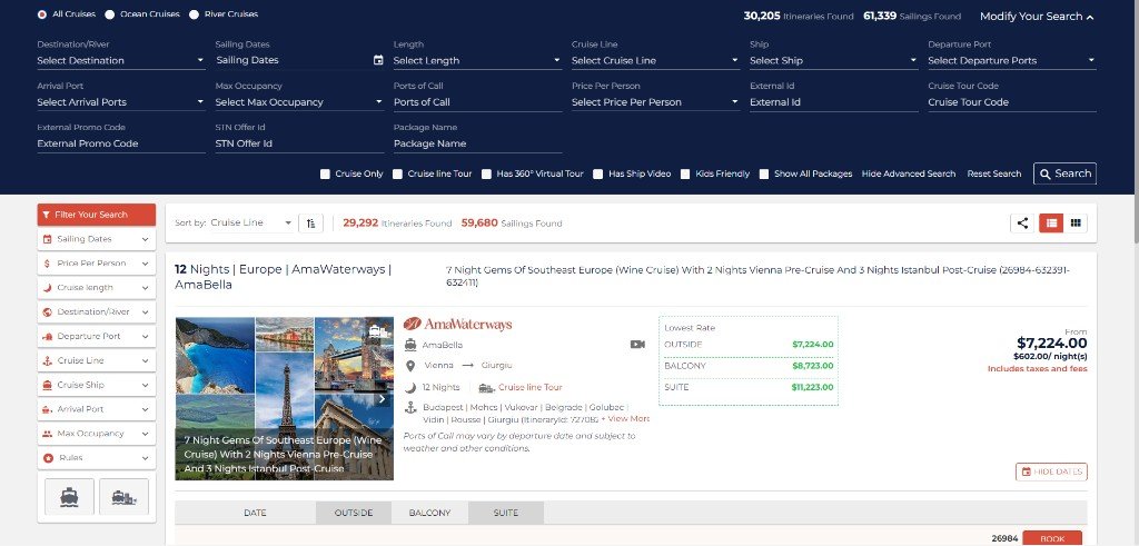 Odysseus Swift white-label cruise booking engine interface showcasing real-time cruise search and stateroom availability