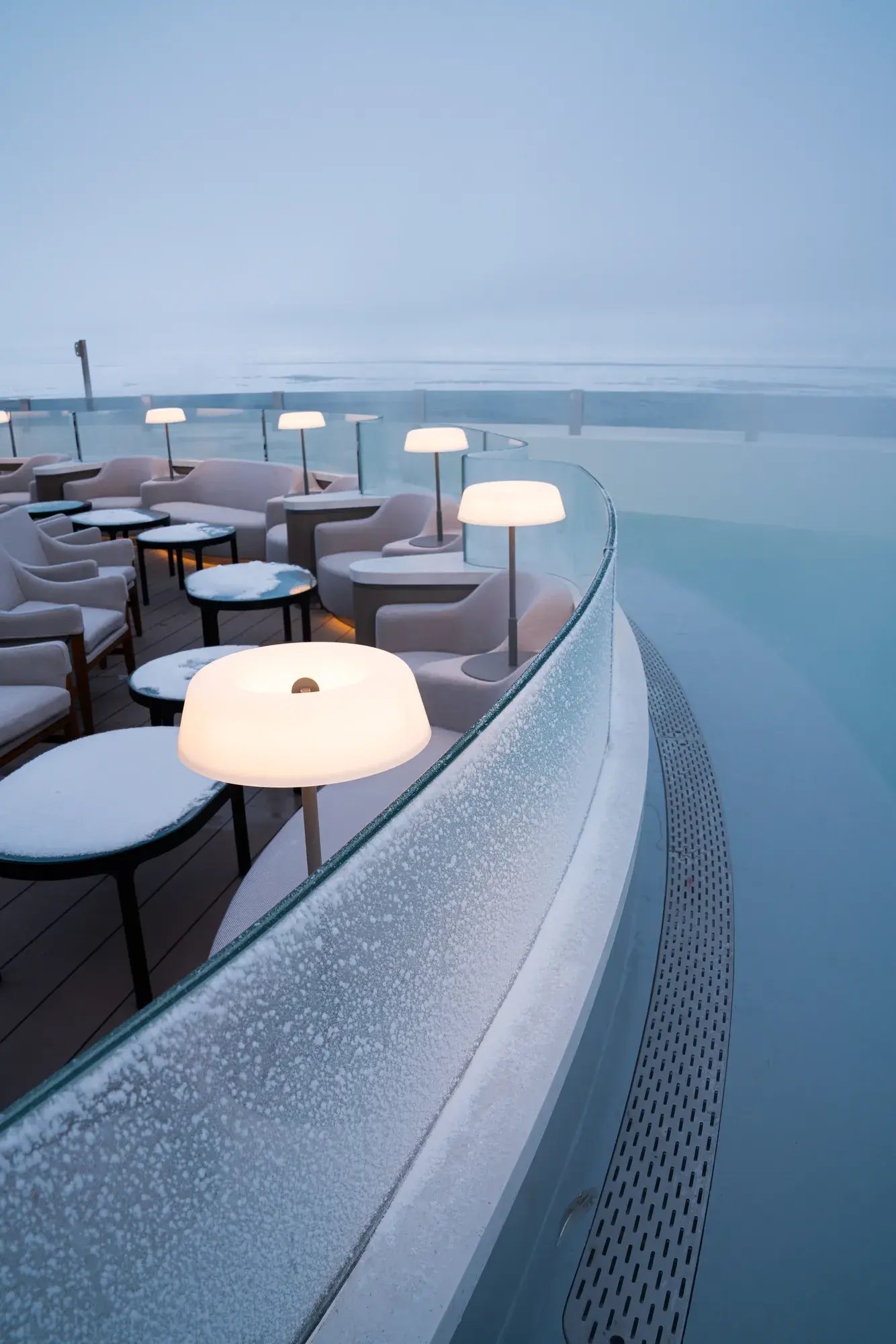 Outdoor gas fire pit Brasero on the observation deck of Le Commandant Charcot