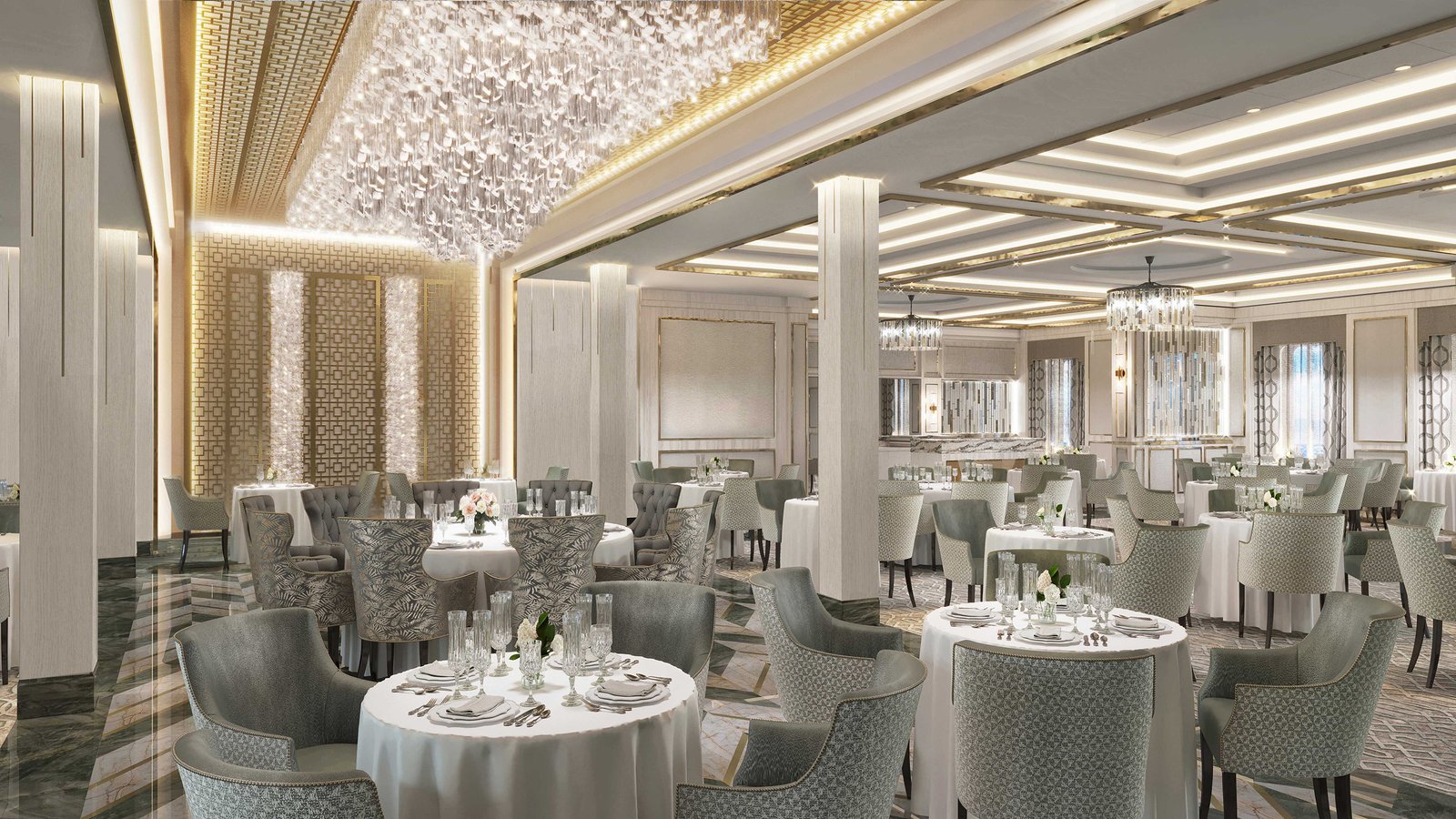 Compass Rose fine dining restaurant with grand crystal chandelier