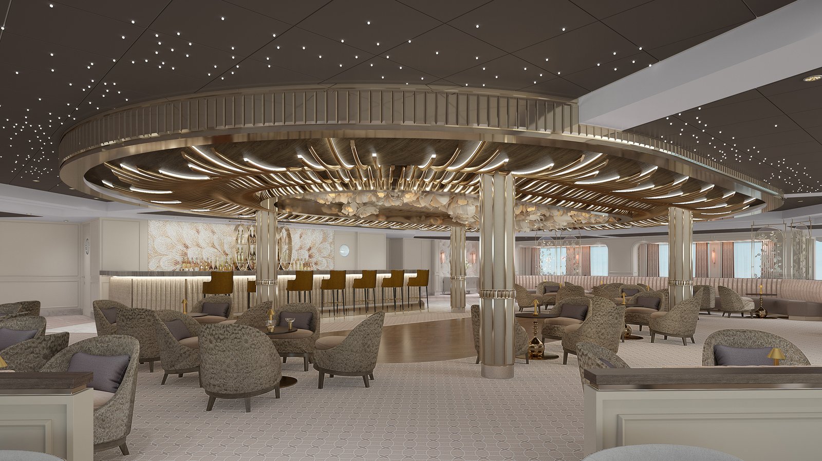 The Observation Lounge on Regent Seven Seas with plush seating and ocean views