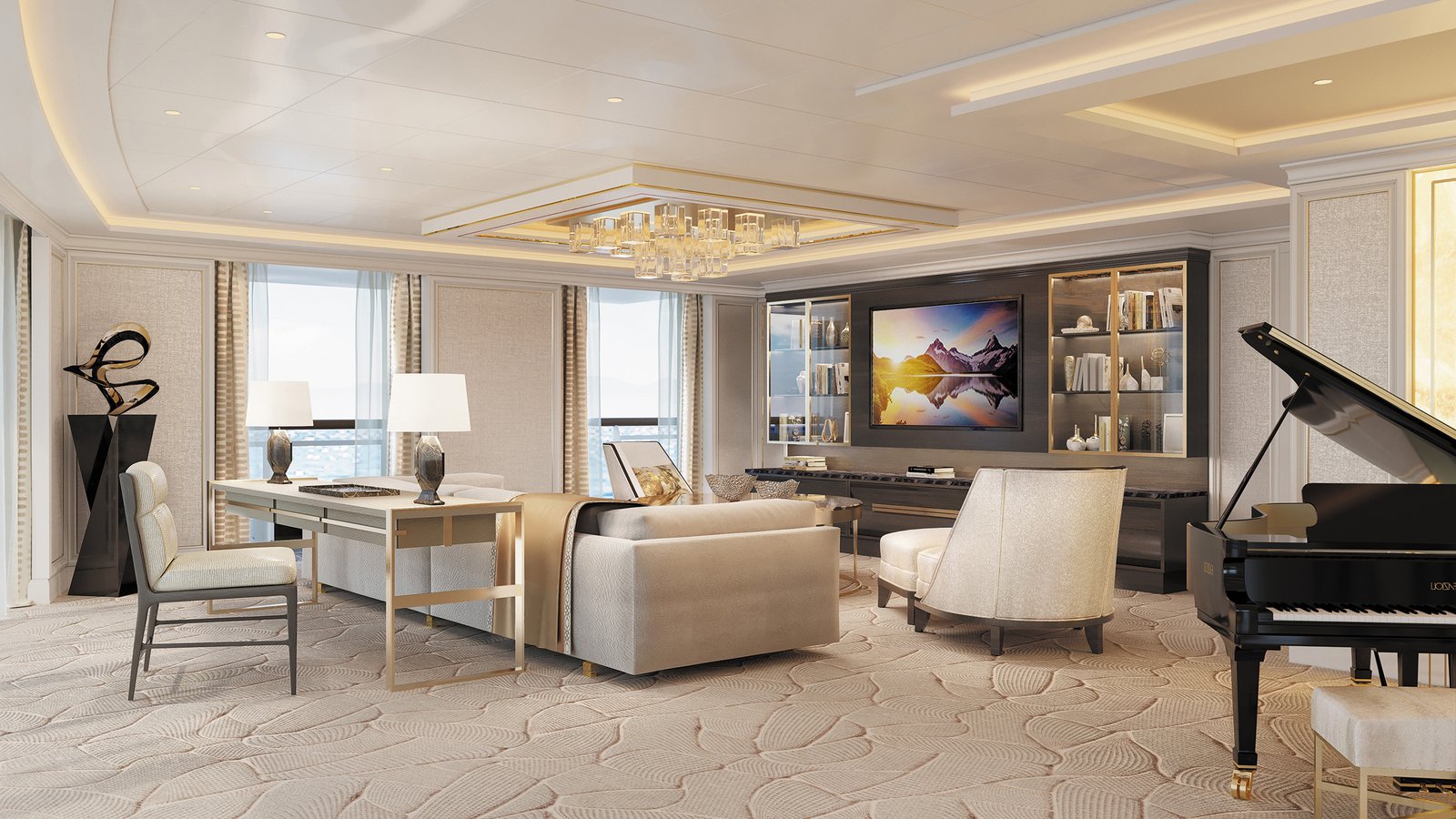 Regent Suite grand living room with Steinway grand piano and custom bar