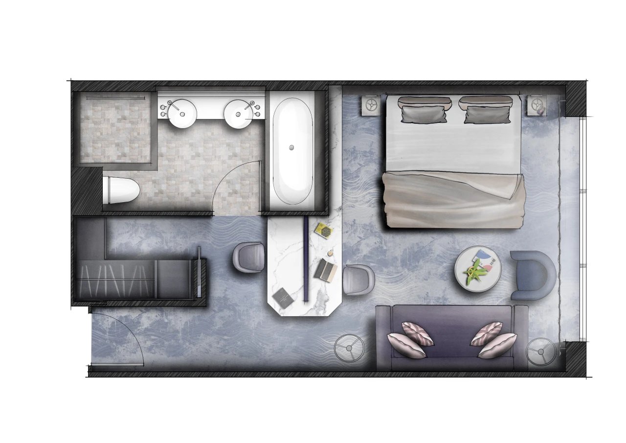 Riverside Mozart Penthouse Suite living salon with sofa bed and coffee table
