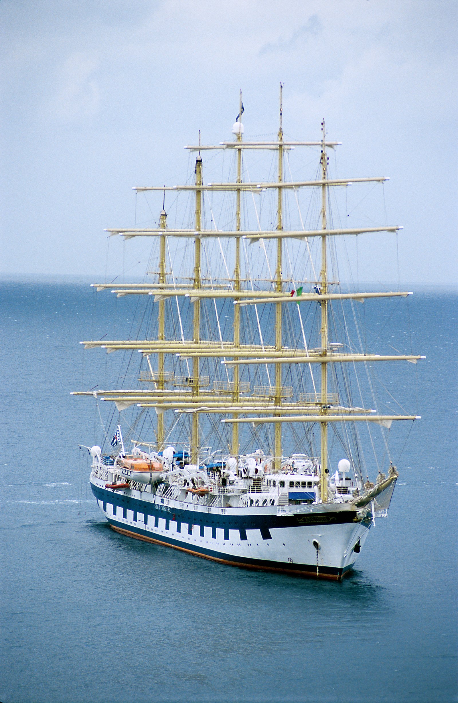 Dramatic vertical view of Royal Clipper's towering masts and forty-two square-rigged sails