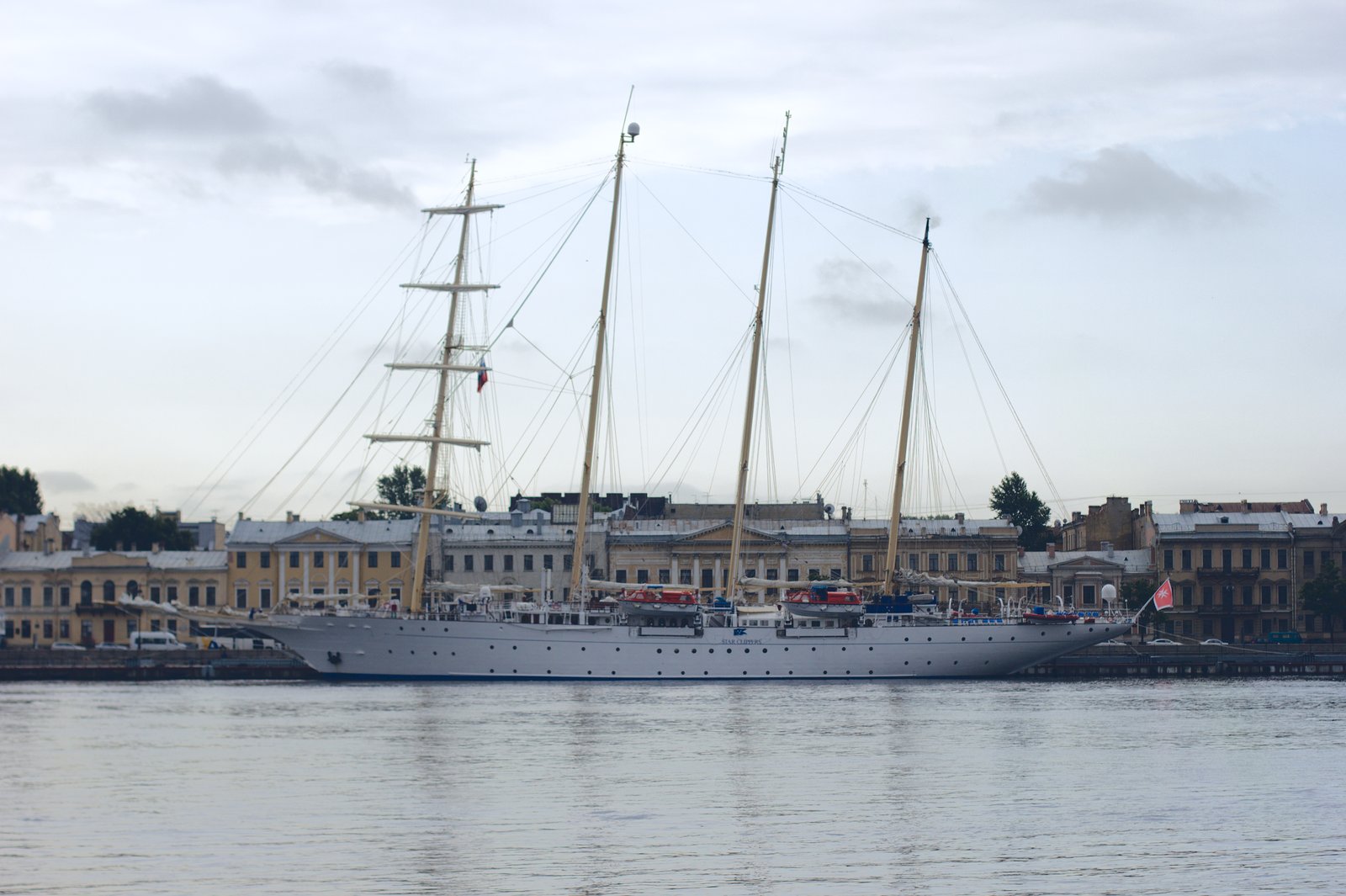 Star Flyer four-masted traditional barquentine gliding smoothly under white canvas sails