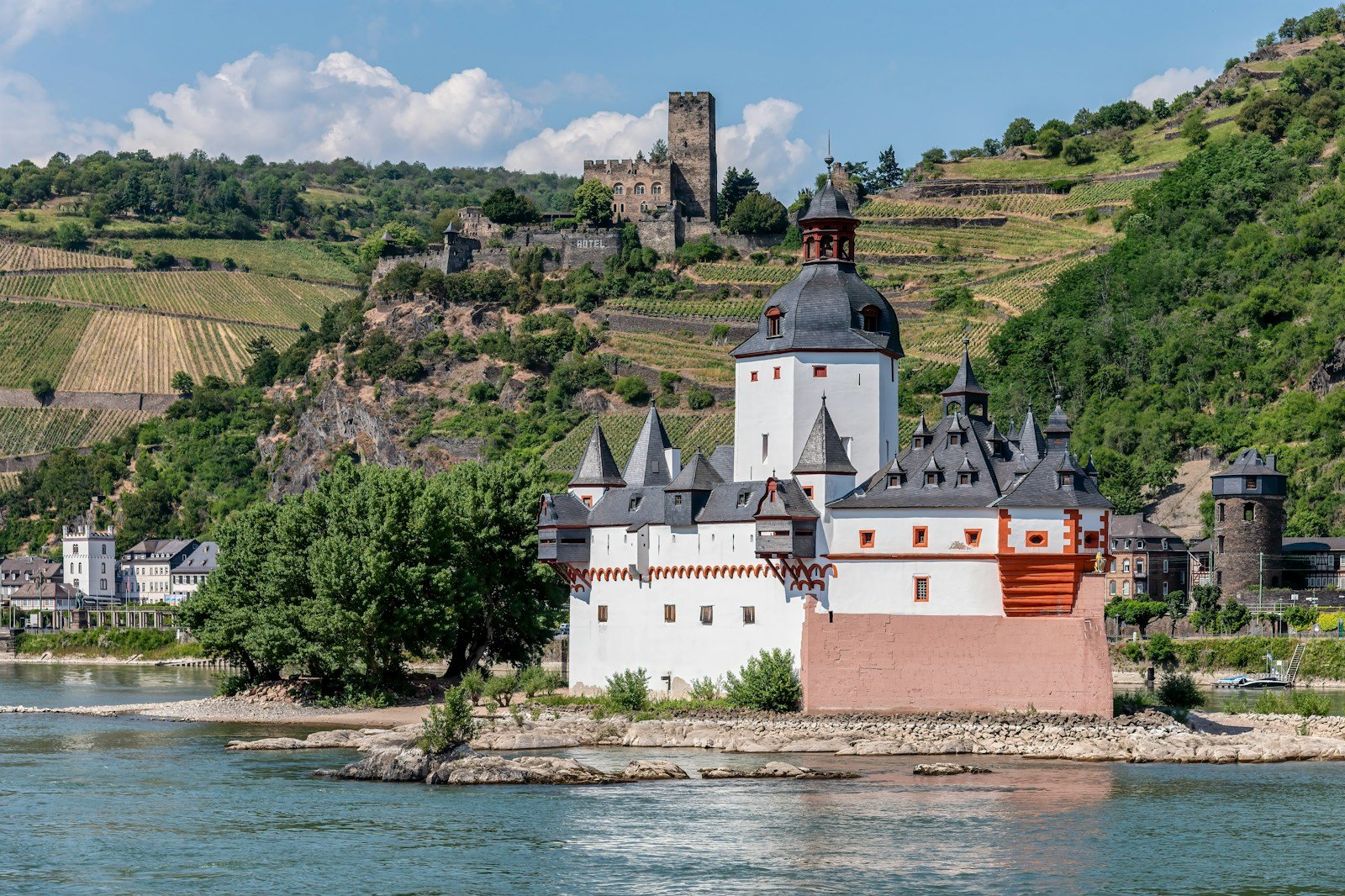 Lush green vineyards and ancient hilltop fortress overlooking the Rhine River during a Tauck scenic cruise