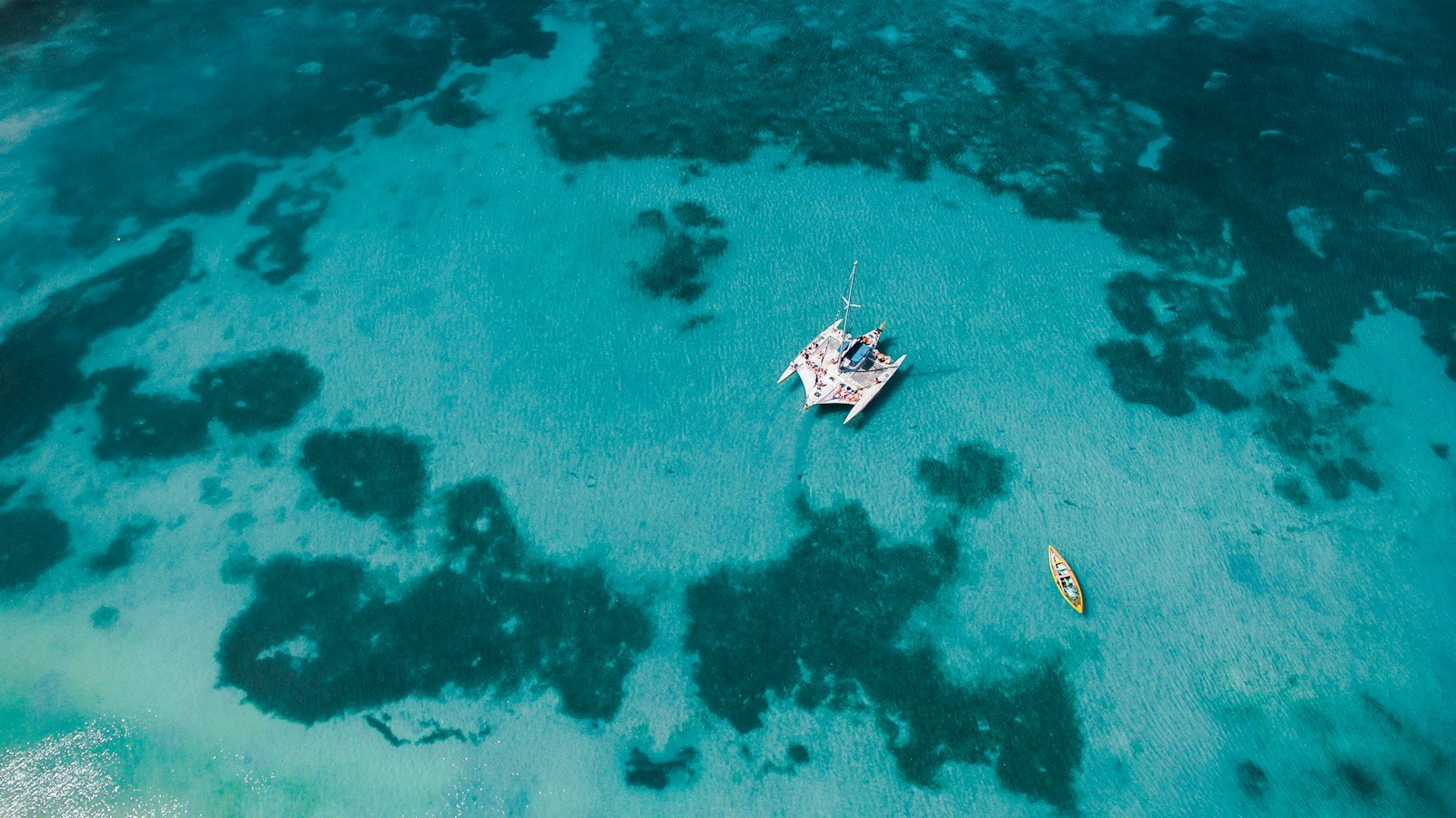 The Moorings catamaran cruising near the lush hills of the Grenadines in the Southern Caribbean
