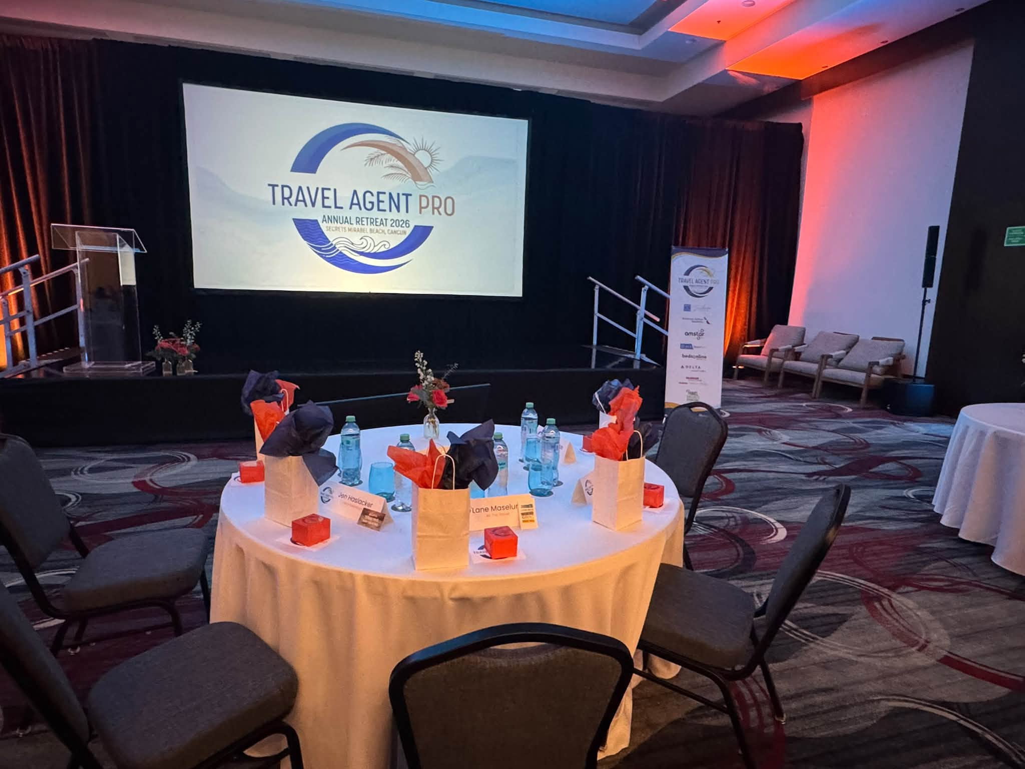 General session ballroom setup at Secrets Mirabel for the Vincent Vacations Annual Retreat 2026