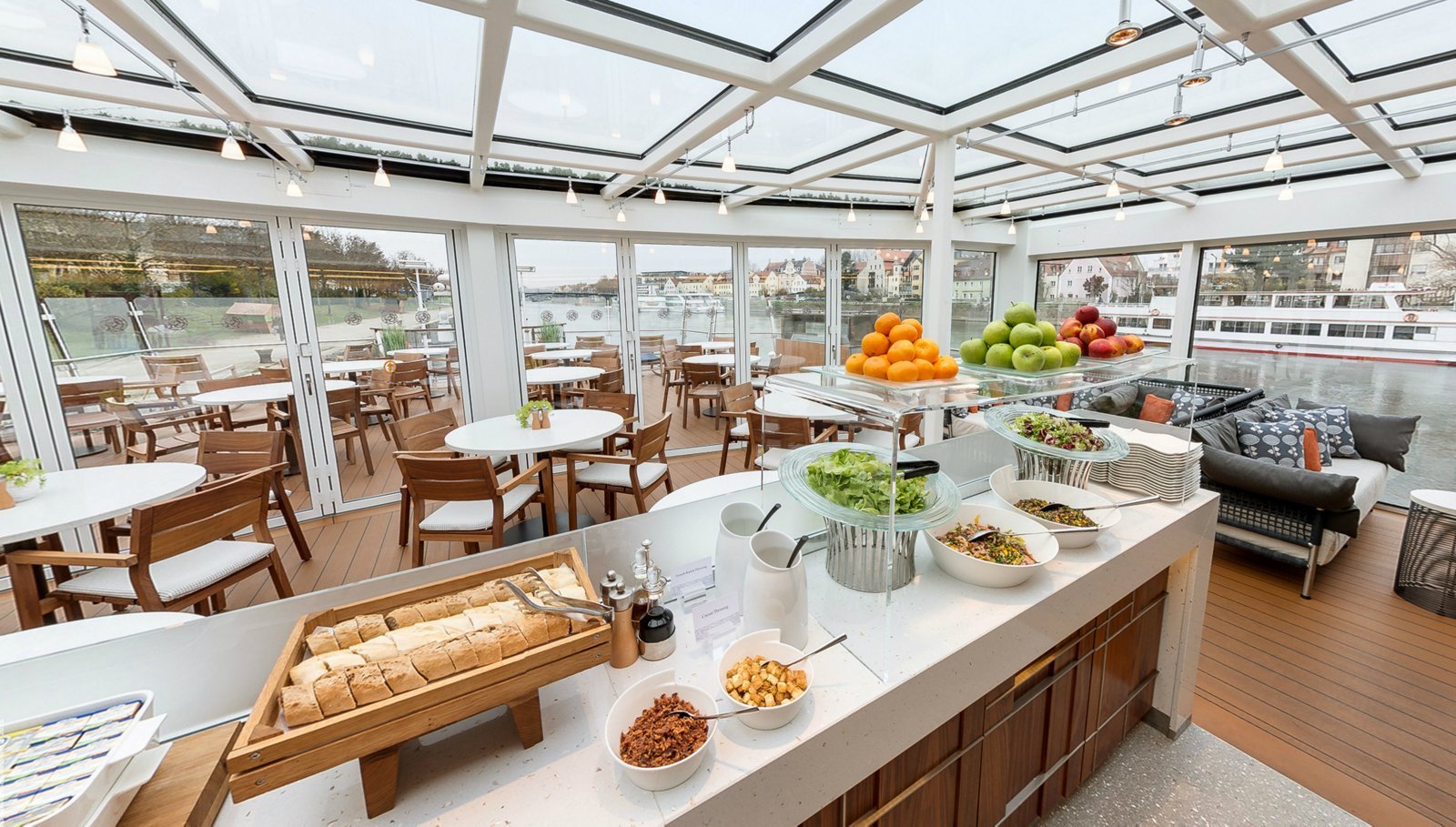 Aquavit Terrace indoor-outdoor panoramic restaurant at the bow of a Viking Longship