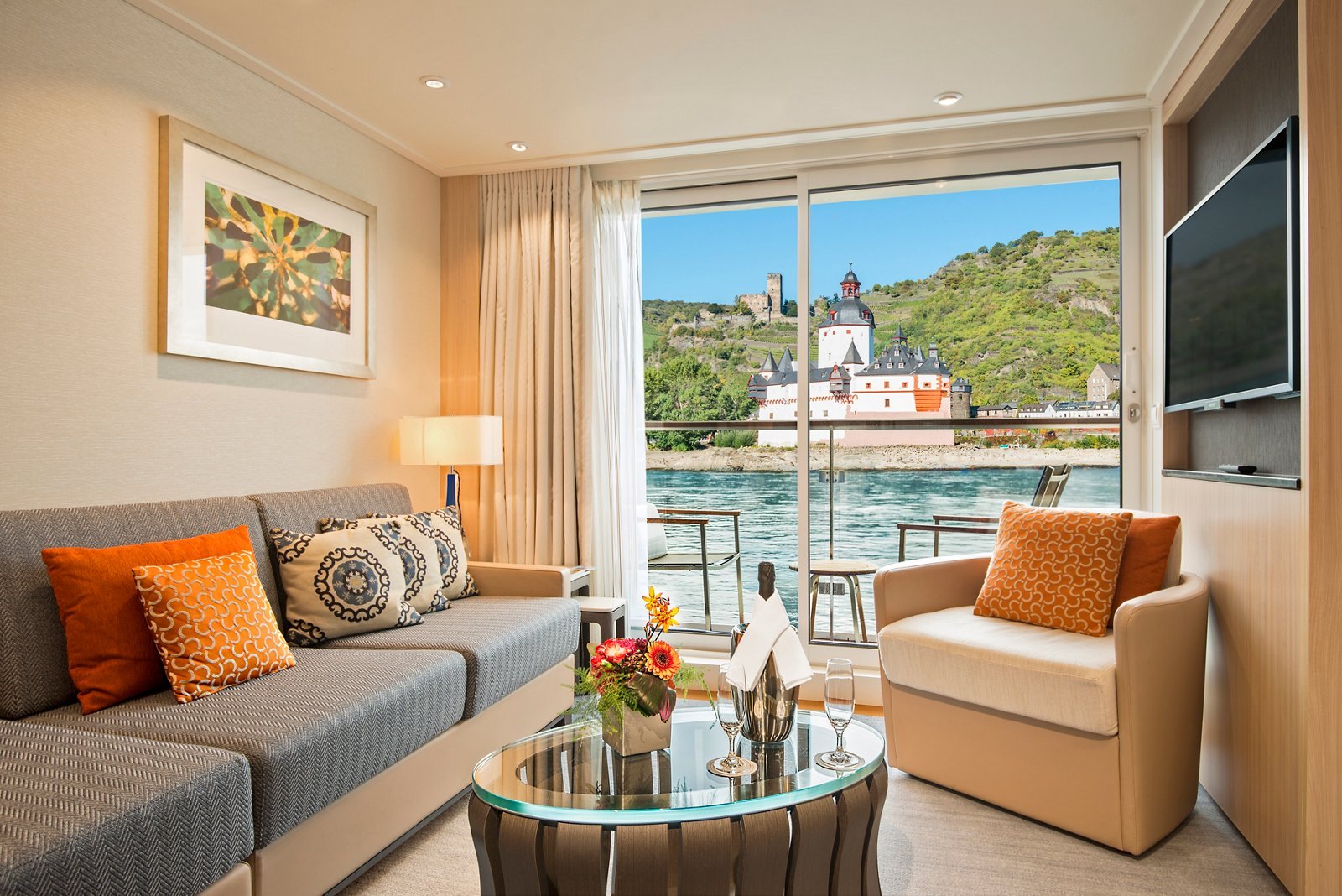 Viking Longship Veranda Suite two-room layout with separate living room and French balcony